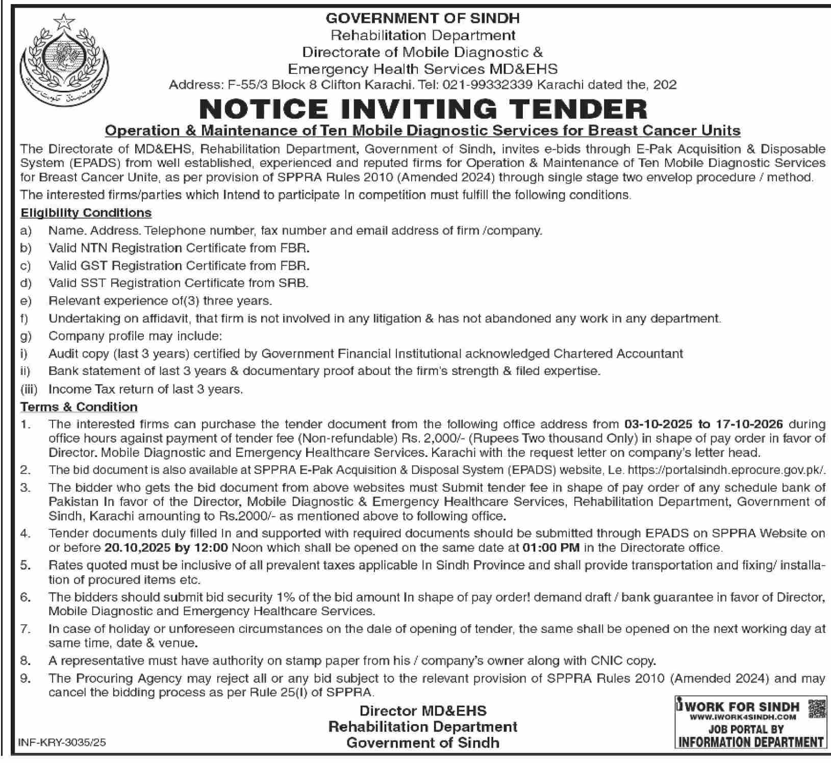 Health Department Karachi Tender Notice